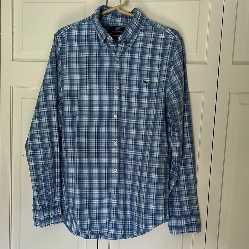 Vineyard Vines Men's Small Blue and White Plaid Slim Fit Whale Shirt